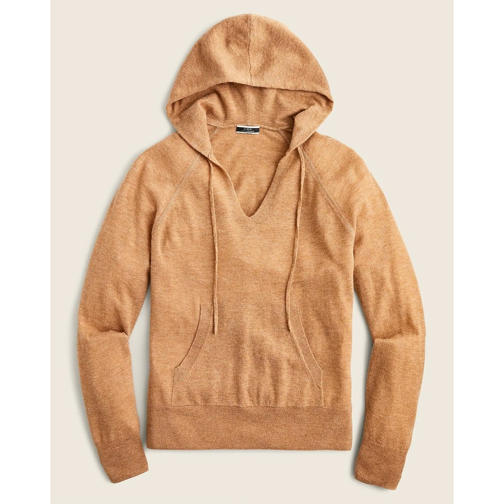 J. Crew Hoodie In Featherweight Cashmere Size M Camel Brown V-Neck Quiet Luxury